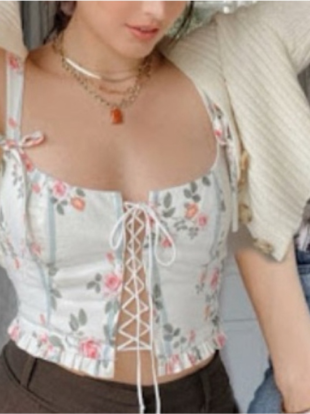 For Love & Lemons Floral Lace-Up Corset Crop Top - White with Pink Rose Print